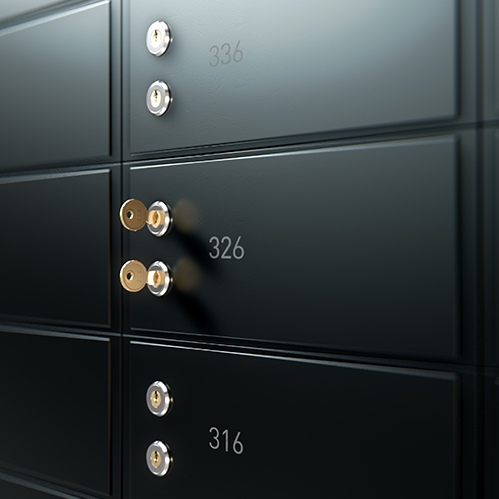 Close-up angled view of a server room wall composed of dark gray server cabinets with small, glowing lights indicating activity.