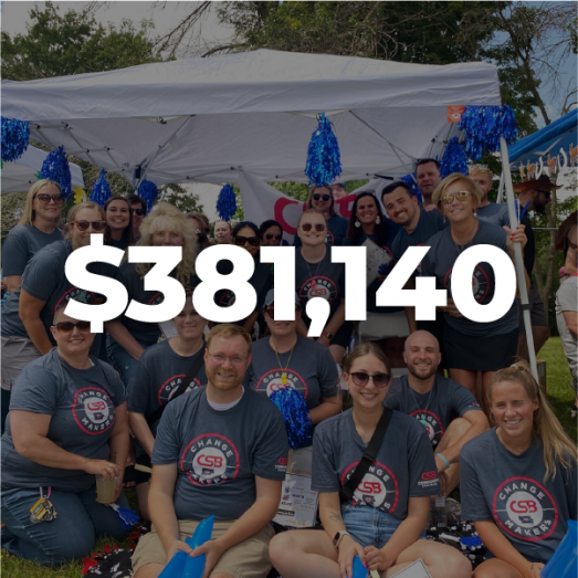 A group of employees wearing matching blue shirts, smiling together at a volunteer event. Text overlayed on image reads Three hundred eighty one thousand one hundred forty dollars.