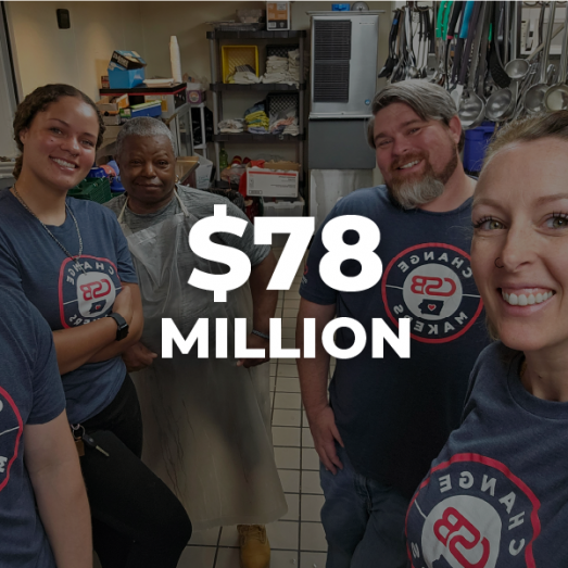 Four people in matching shirts smile in a workplace setting with "$78 million" written in bold text across the image.